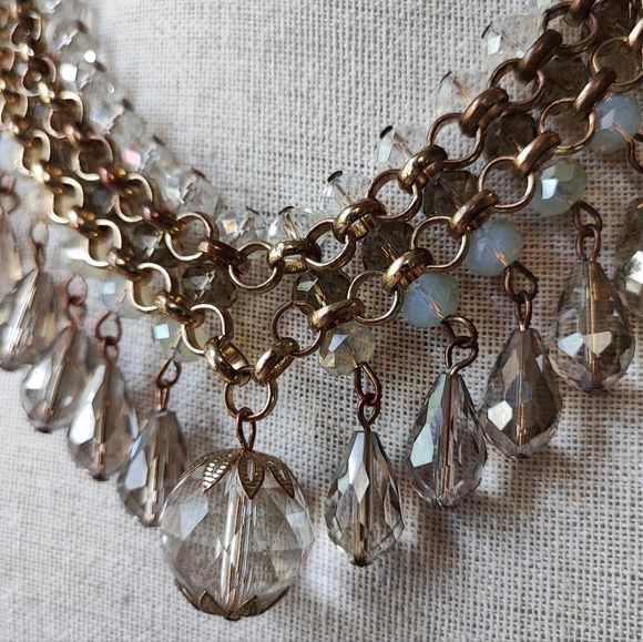 Opaline Clear Faceted Large Ball Pendant Teardrop Smoke Gold Tone Bib Necklace - Picture 8 of 12